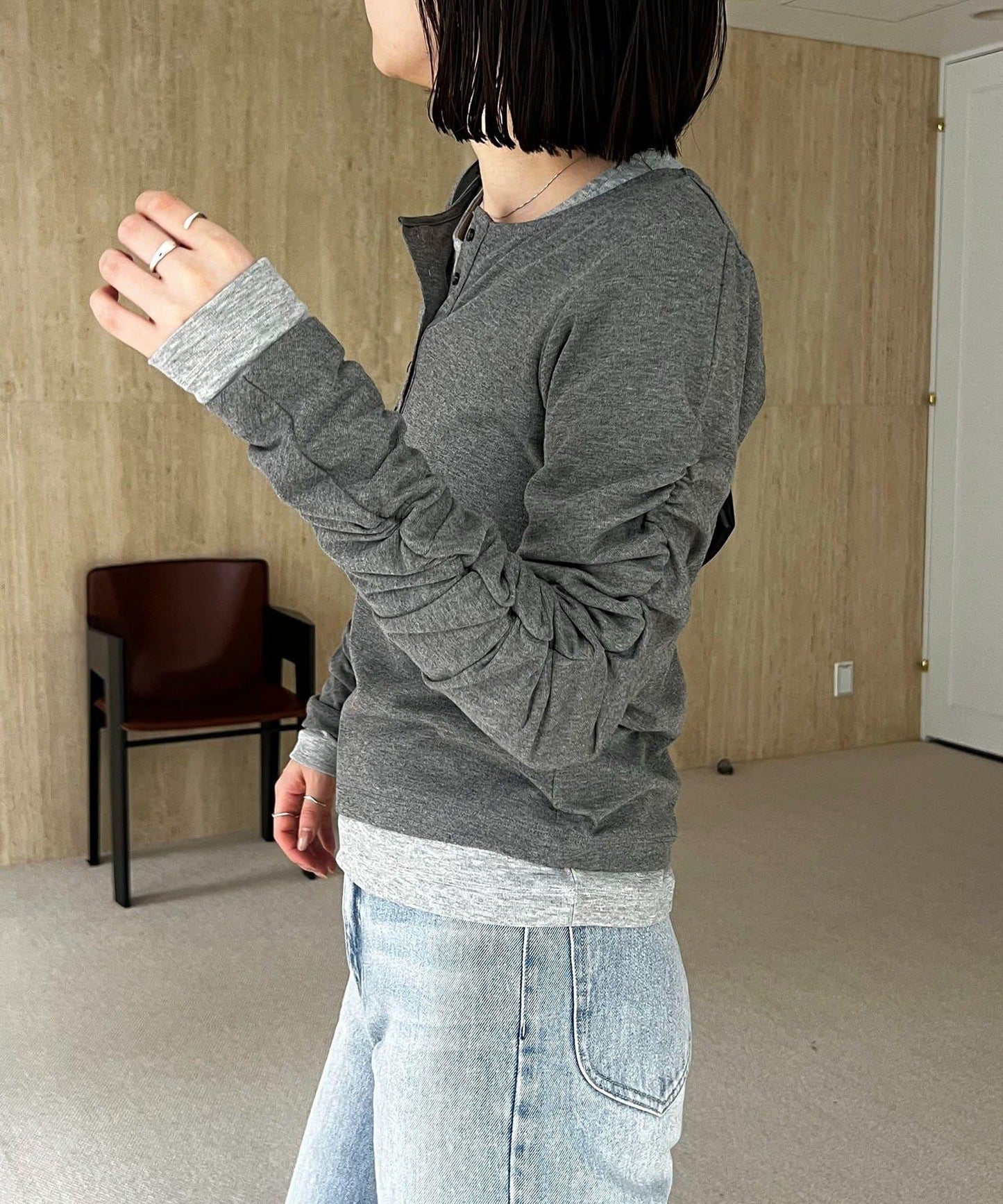 內搭SET 袖部抽褶 亨利領 T恤