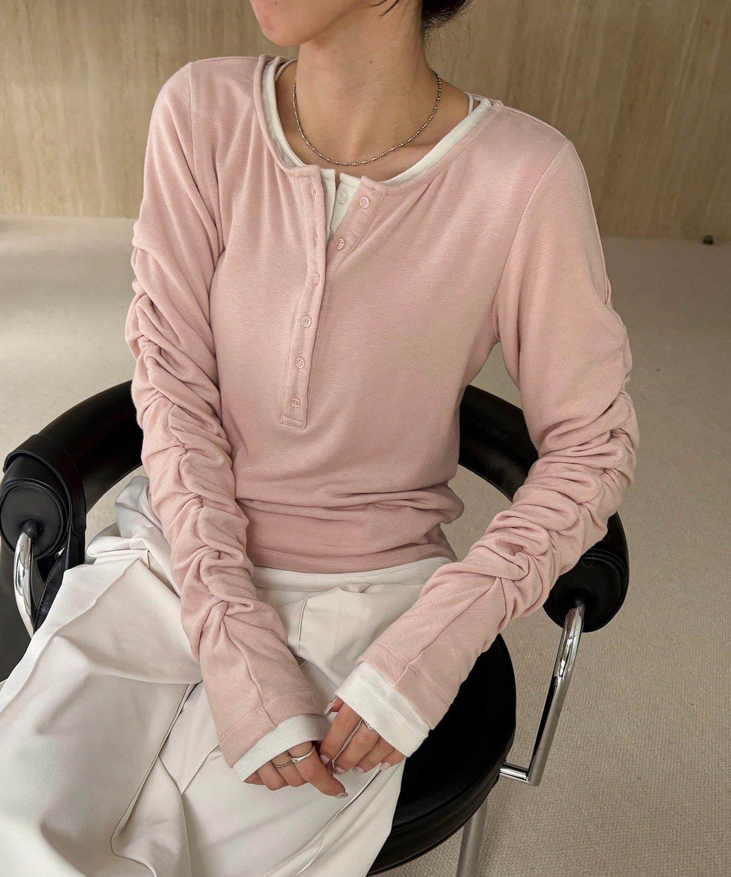 內搭SET 袖部抽褶 亨利領 T恤