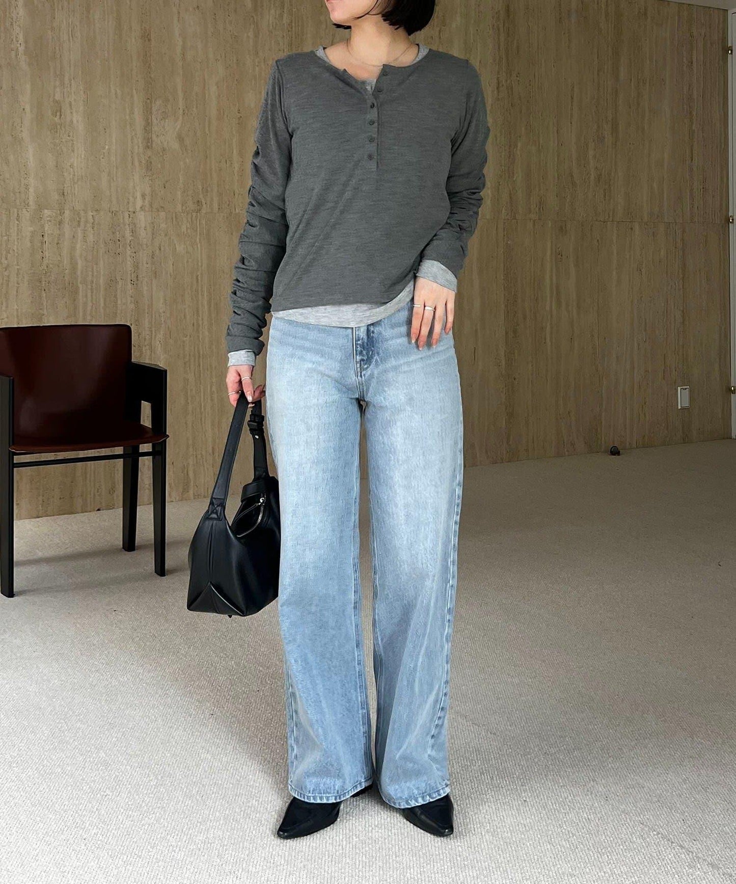 內搭SET 袖部抽褶 亨利領 T恤