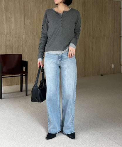 內搭SET 袖部抽褶 亨利領 T恤