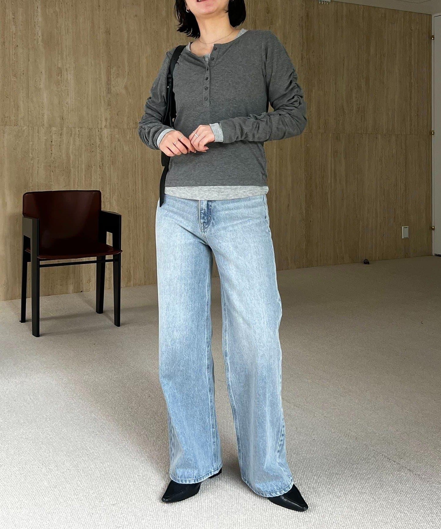 內搭SET 袖部抽褶 亨利領 T恤