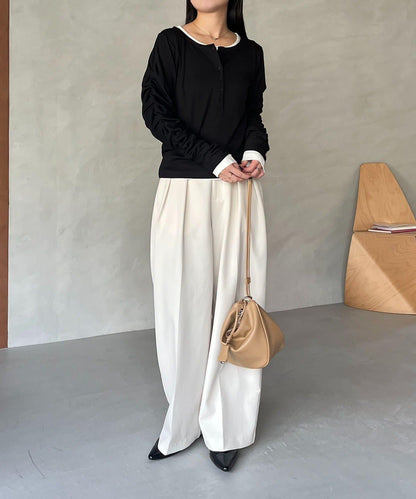 內搭SET 袖部抽褶 亨利領 T恤