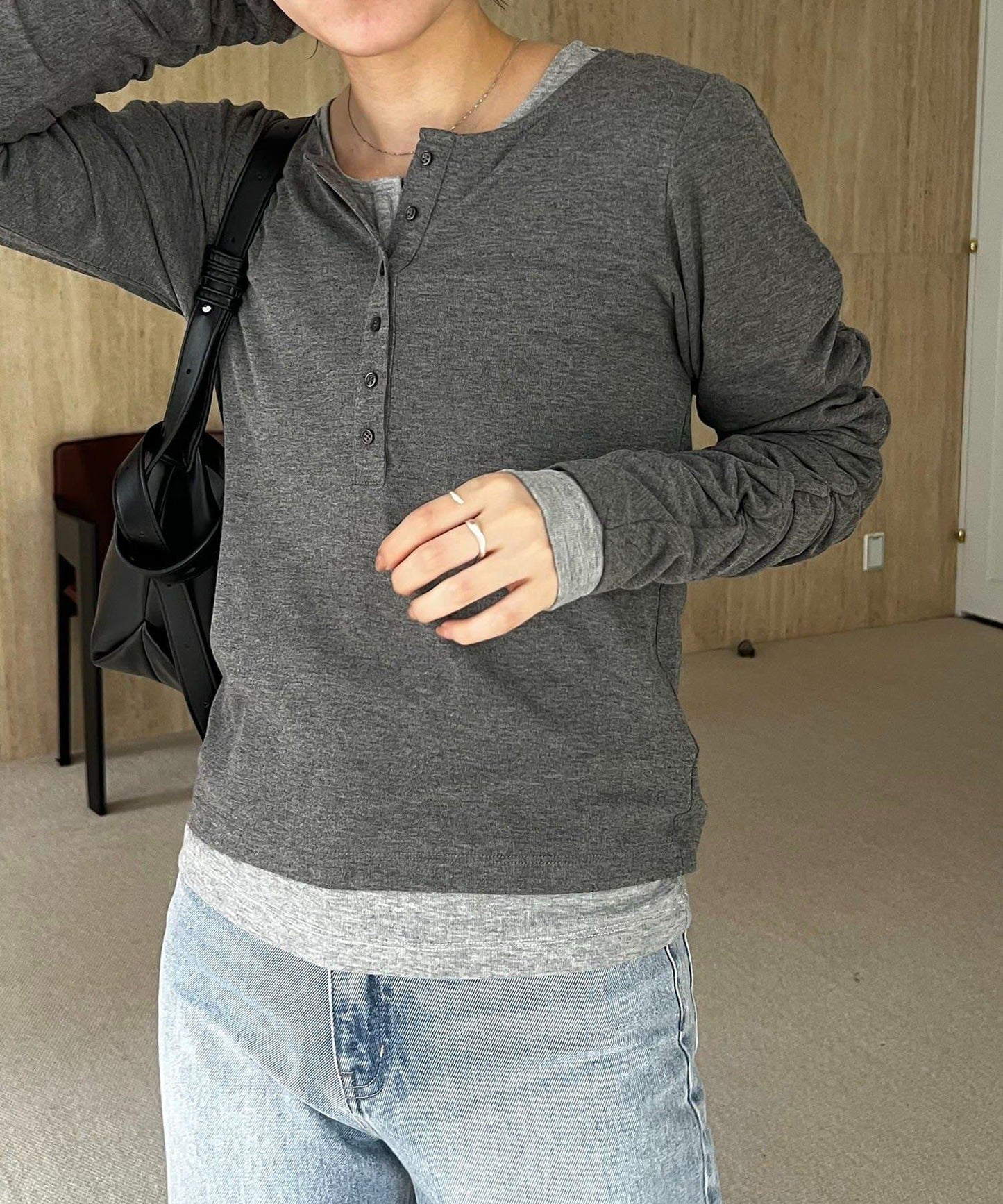 內搭SET 袖部抽褶 亨利領 T恤