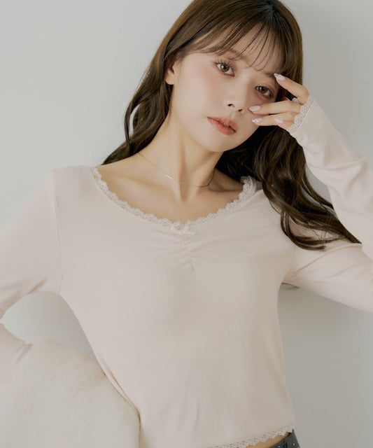 Chico 前後2way蕾絲抽褶長袖T恤