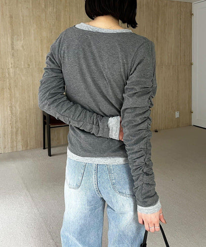 內搭SET 袖部抽褶 亨利領 T恤