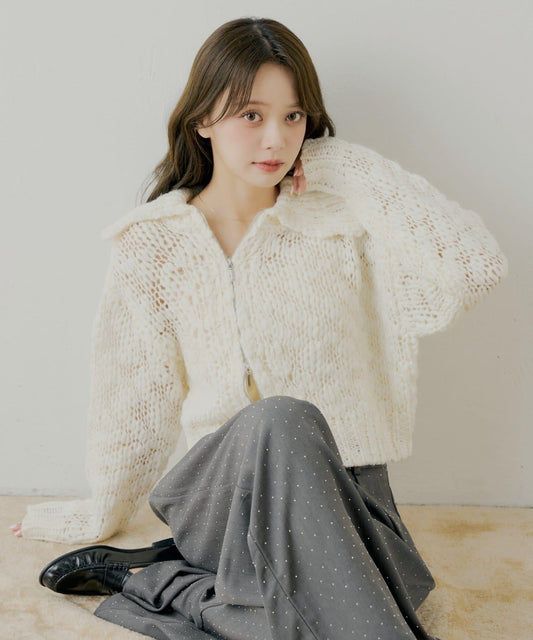 粗針不對稱拉鍊寬鬆針織上衣