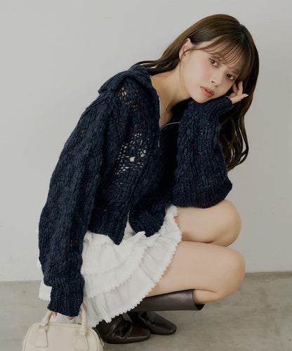 粗針不對稱拉鍊寬鬆針織上衣
