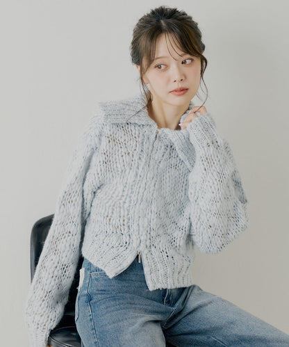 粗針不對稱拉鍊寬鬆針織上衣