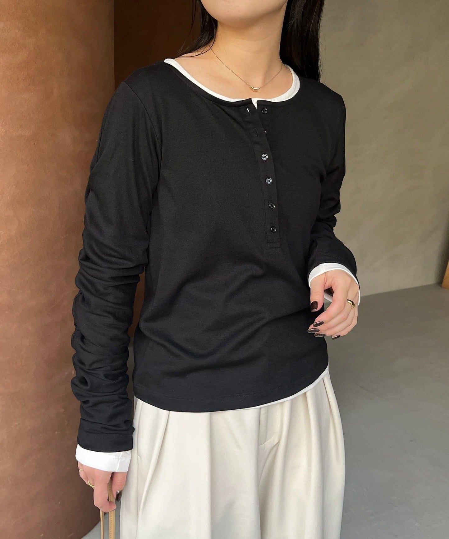 內搭SET 袖部抽褶 亨利領 T恤