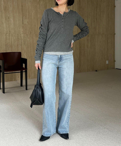 內搭SET 袖部抽褶 亨利領 T恤