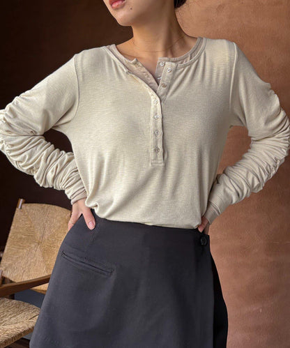 內搭SET 袖部抽褶 亨利領 T恤