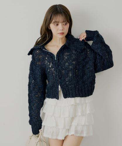 粗針不對稱拉鍊寬鬆針織上衣