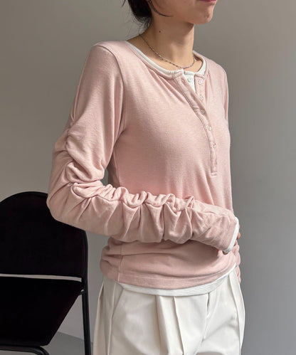 內搭SET 袖部抽褶 亨利領 T恤