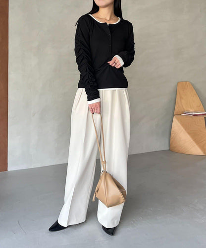 內搭SET 袖部抽褶 亨利領 T恤