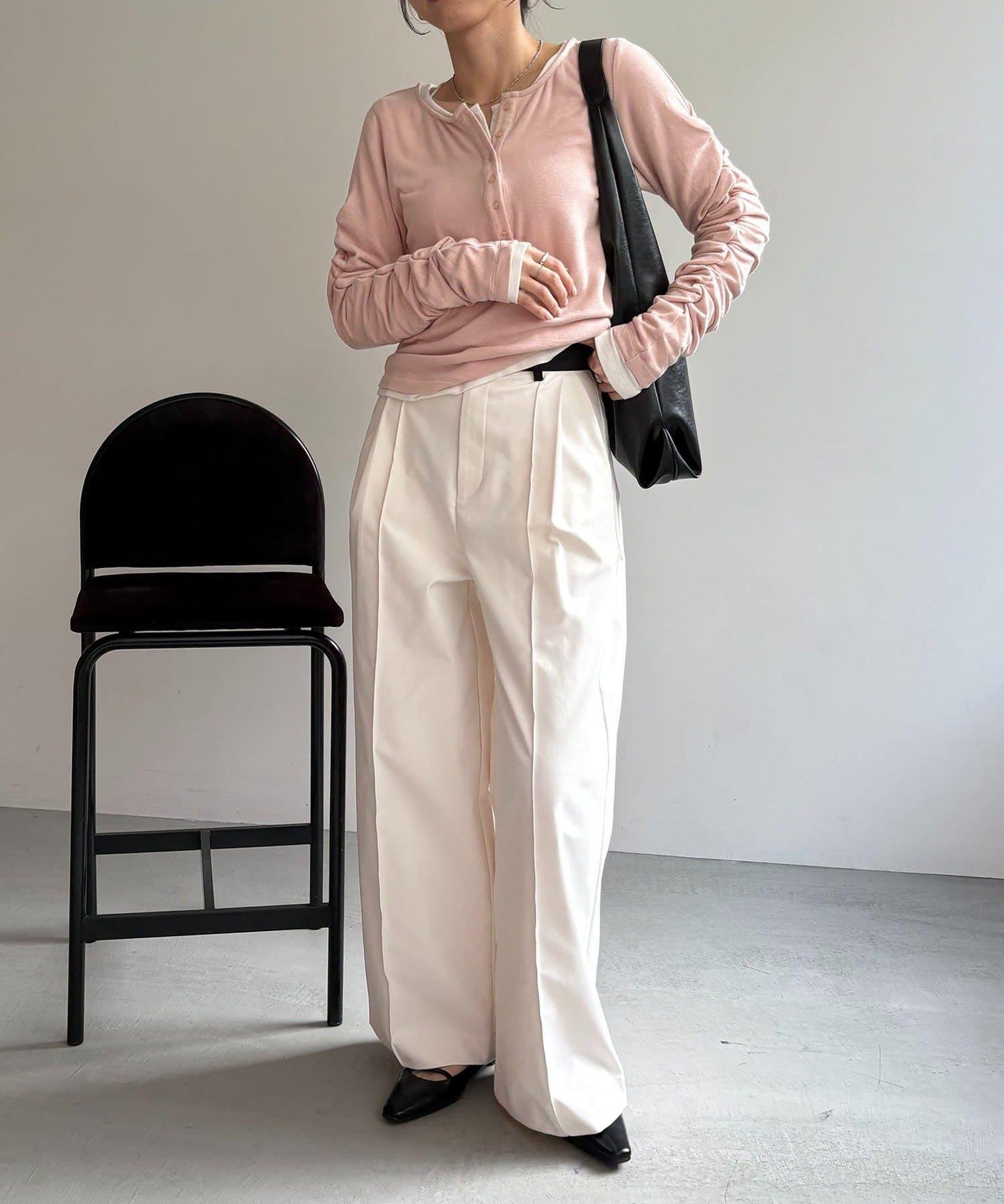 內搭SET 袖部抽褶 亨利領 T恤