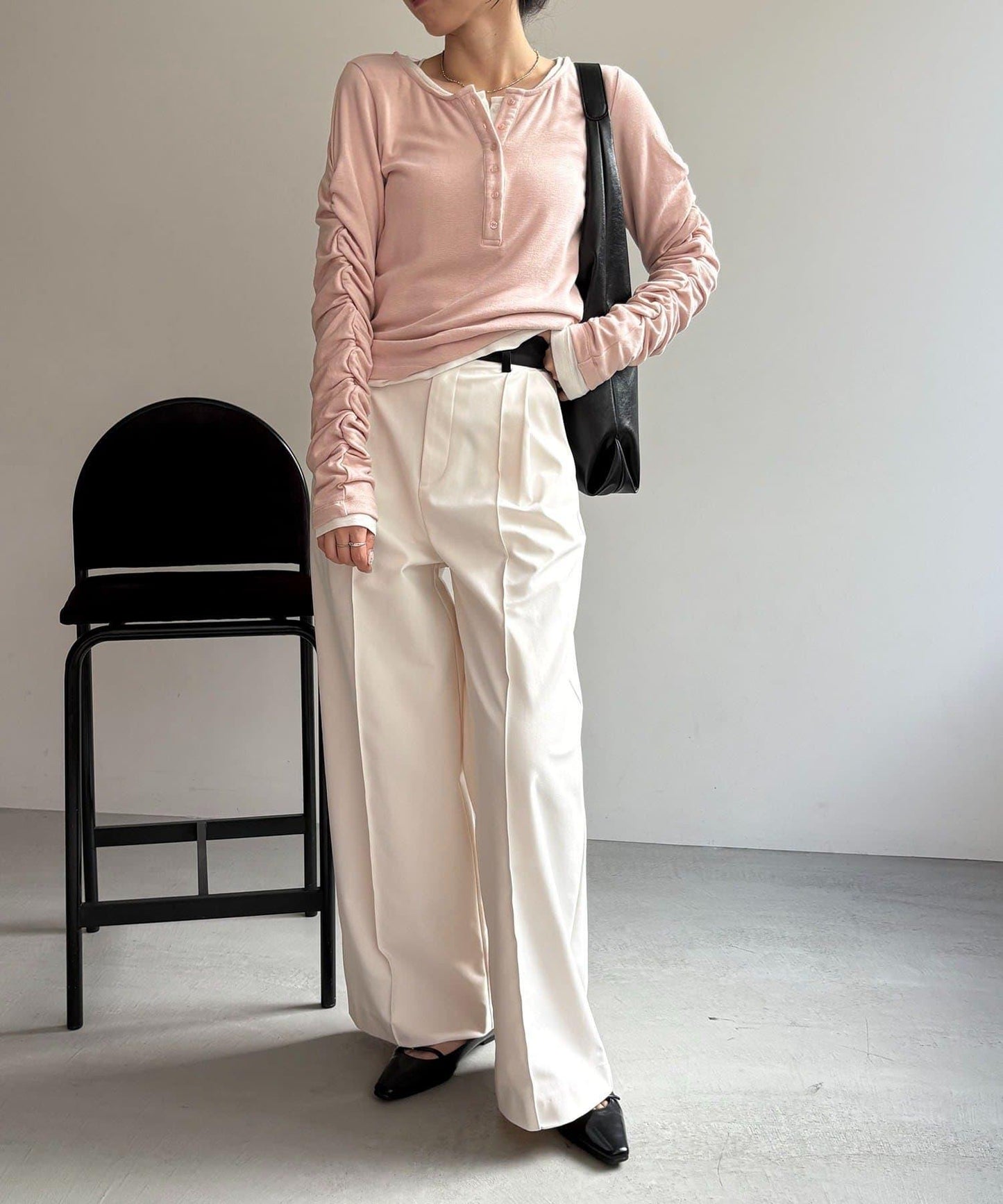 內搭SET 袖部抽褶 亨利領 T恤