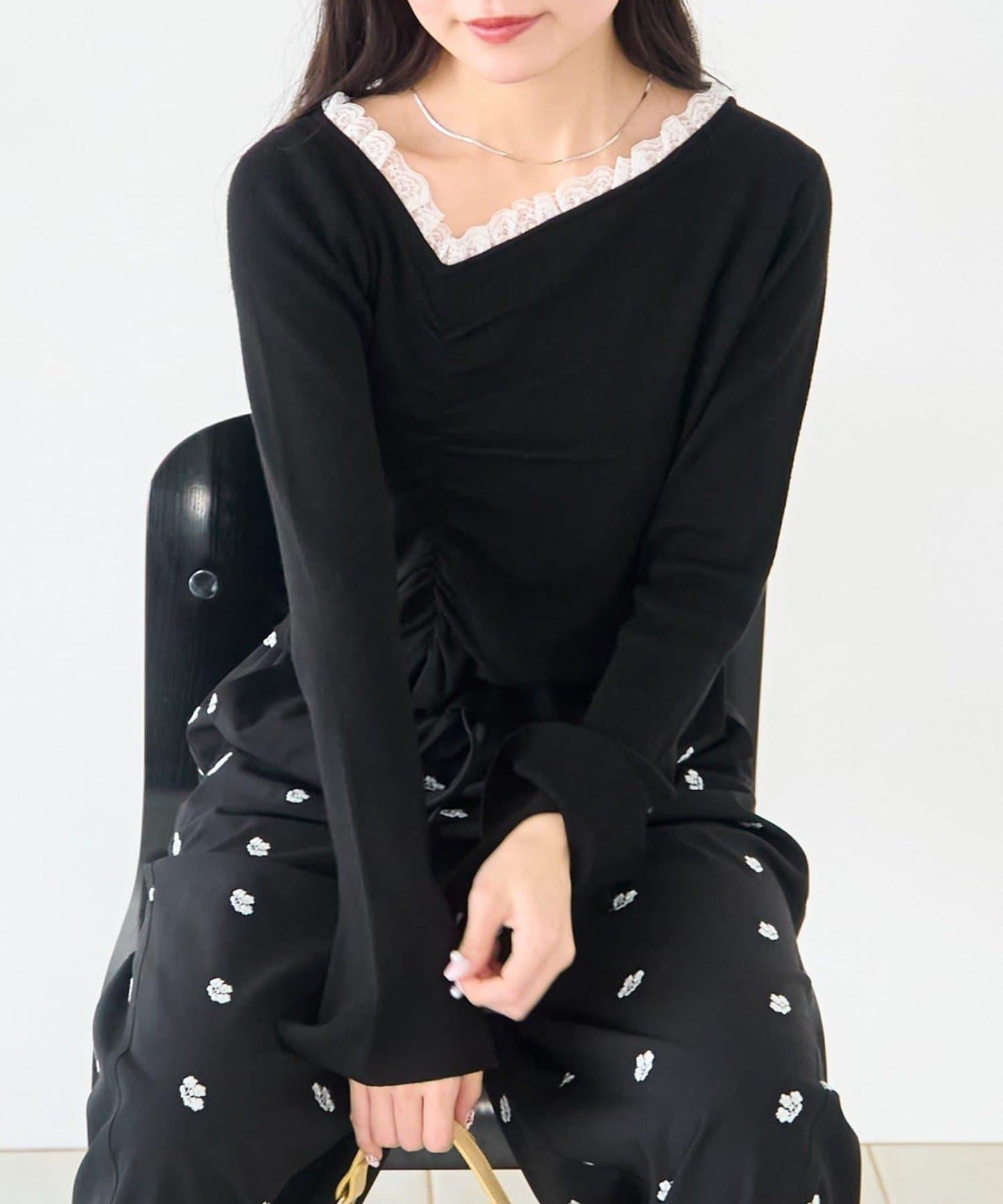 蕾絲抽褶 針織上衣（網絡）