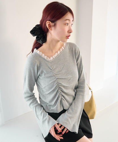 蕾絲抽褶 針織上衣（網絡）