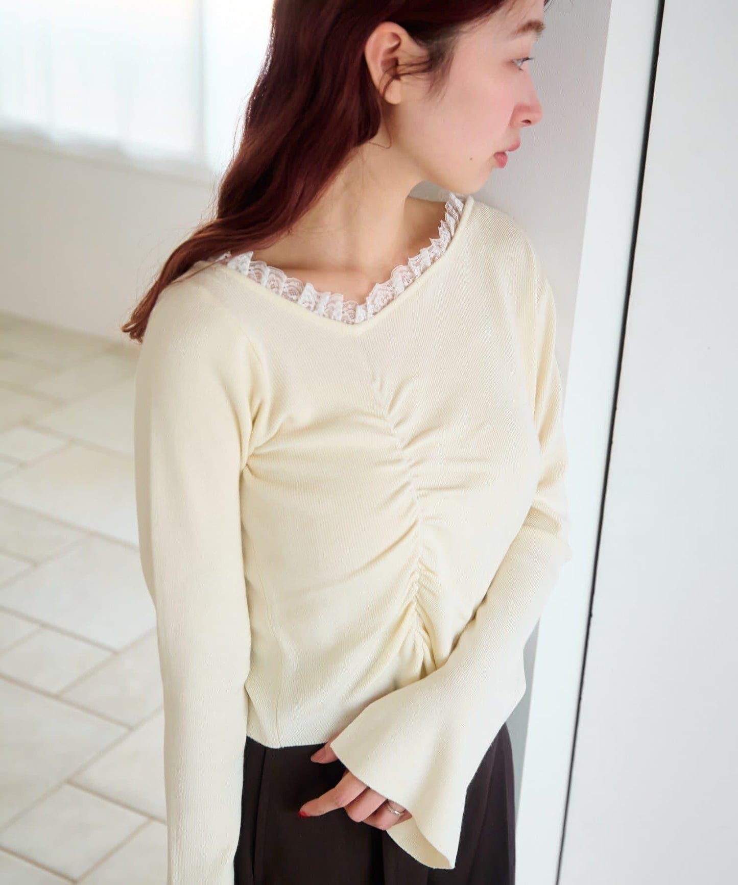 蕾絲抽褶 針織上衣（網絡）