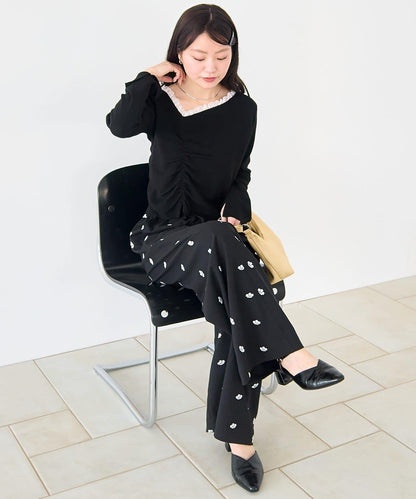 蕾絲抽褶 針織上衣（網絡）