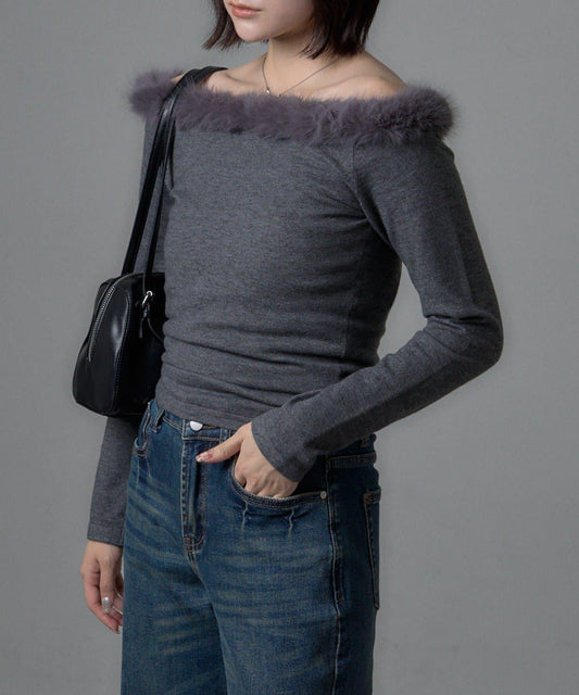 mystic 毛絨露肩設計 針織上衣