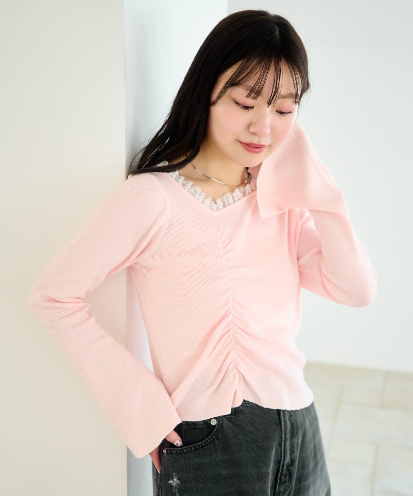 蕾絲抽褶 針織上衣（網絡）