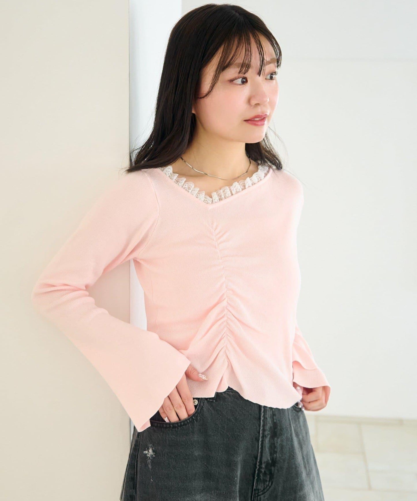 蕾絲抽褶 針織上衣（網絡）