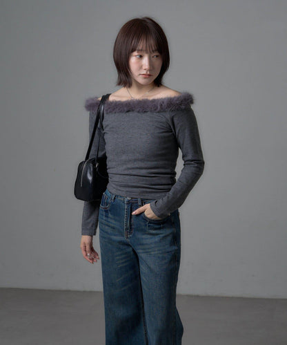 mystic 毛絨露肩設計 針織上衣