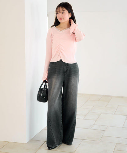 蕾絲抽褶 針織上衣（網絡）