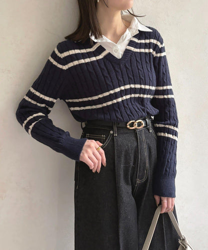 襯衫拼接麻花條紋針織上衣