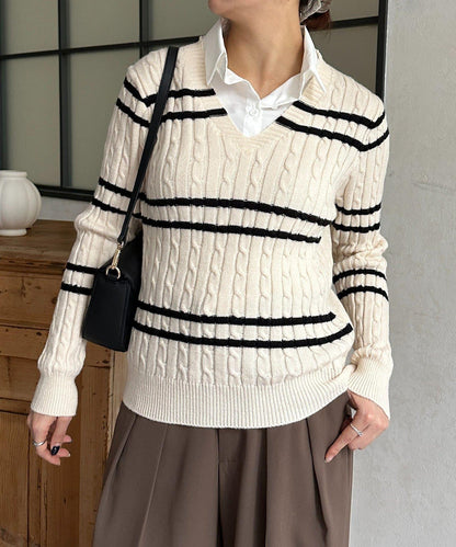 襯衫拼接麻花條紋針織上衣