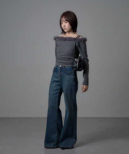 mystic 毛絨露肩設計 針織上衣