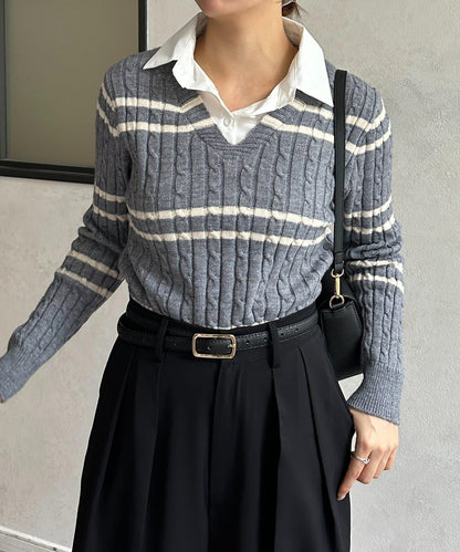 襯衫拼接麻花條紋針織上衣