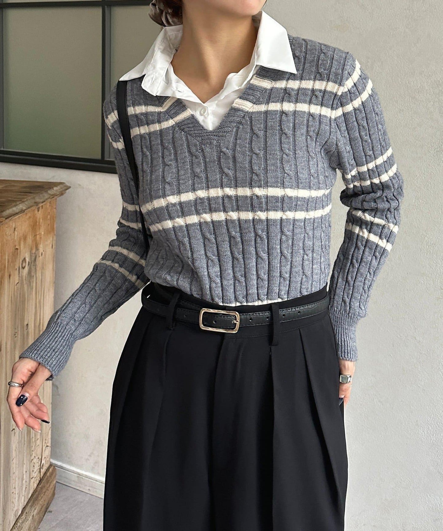 襯衫拼接麻花條紋針織上衣