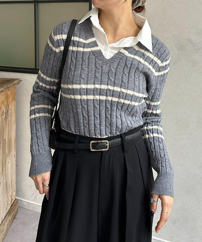 襯衫拼接麻花條紋針織上衣