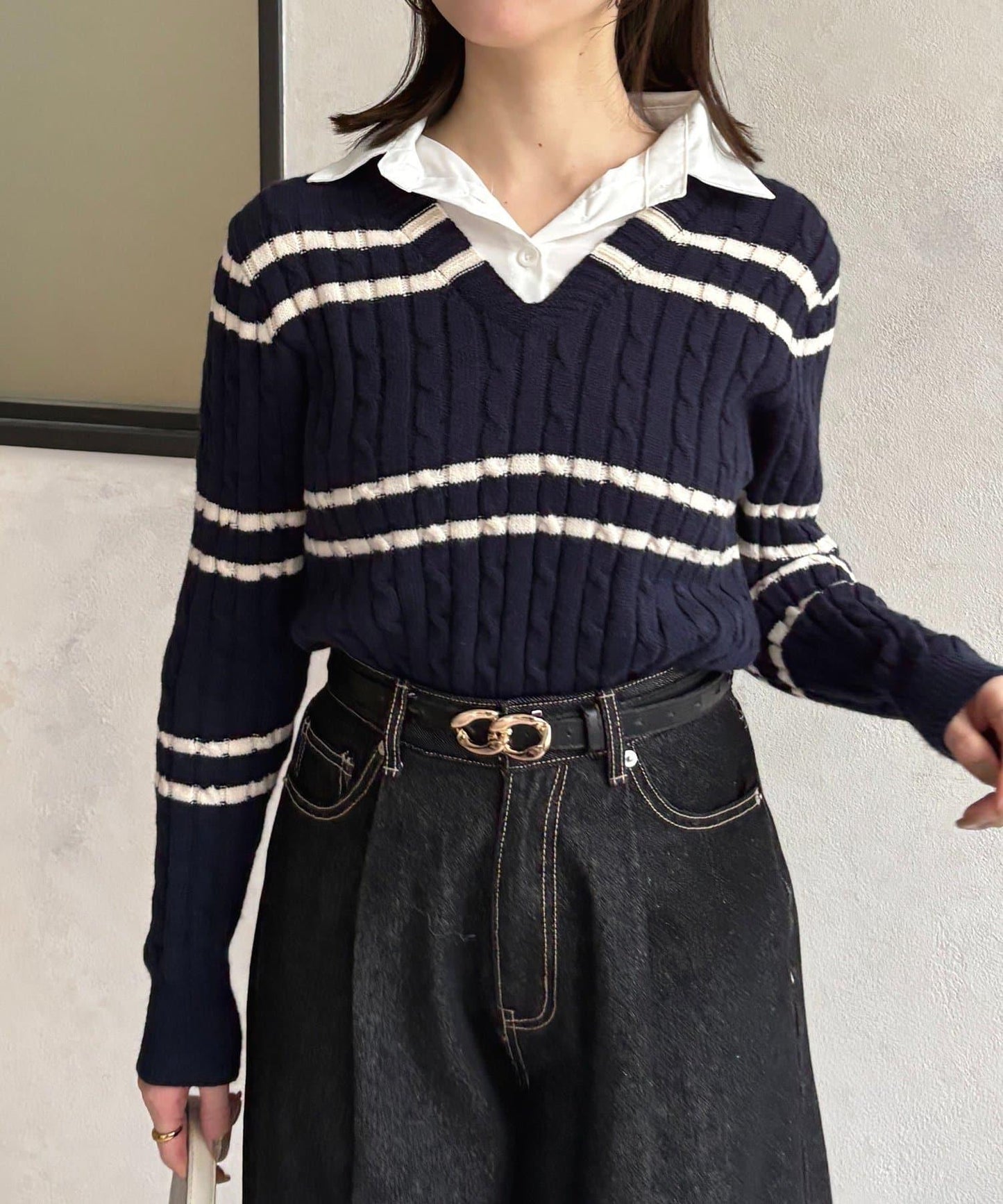 襯衫拼接麻花條紋針織上衣