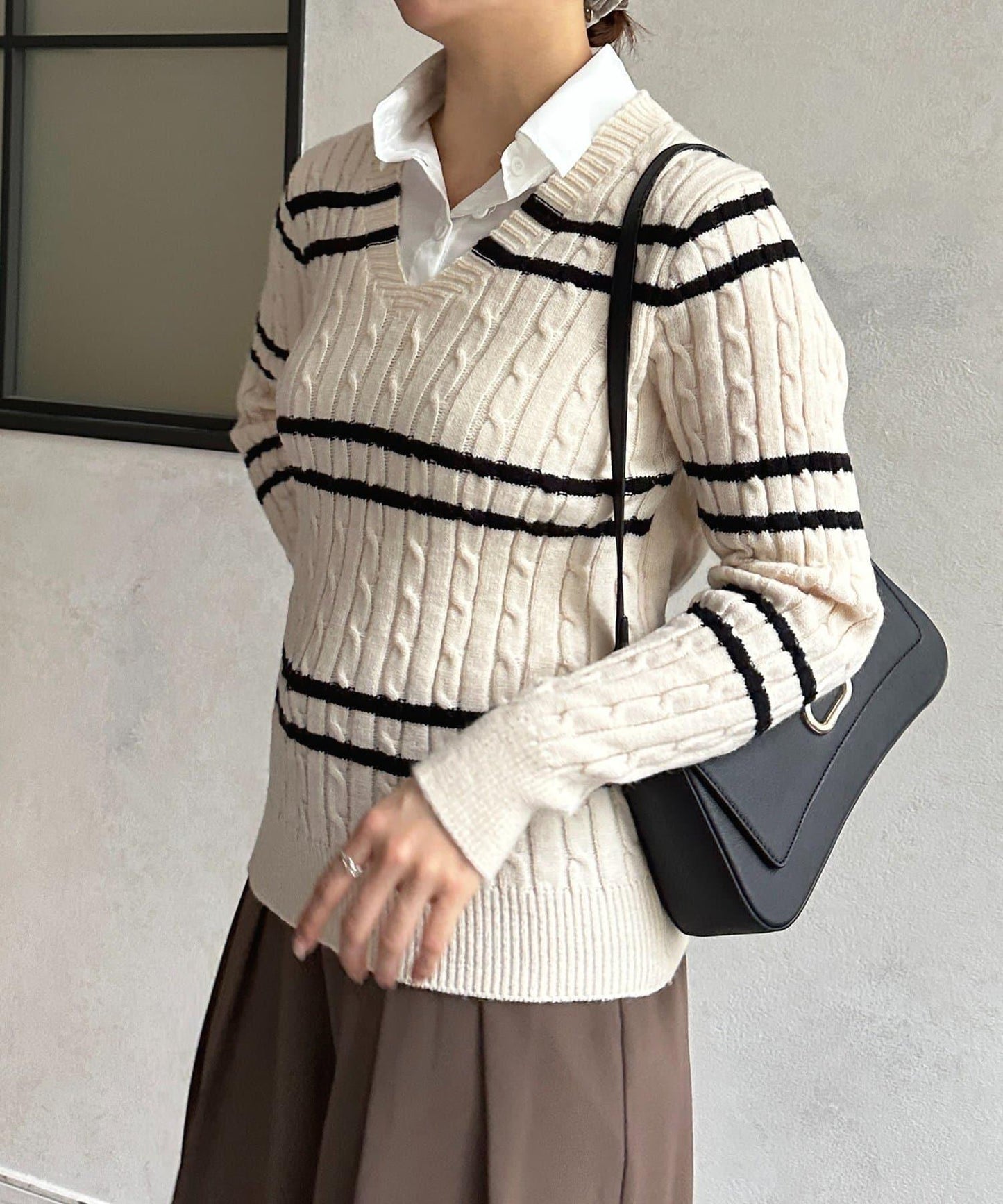 襯衫拼接麻花條紋針織上衣