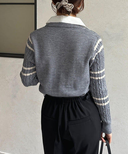 襯衫拼接麻花條紋針織上衣