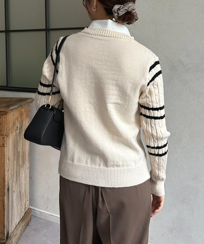 襯衫拼接麻花條紋針織上衣