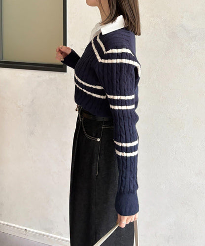 襯衫拼接麻花條紋針織上衣