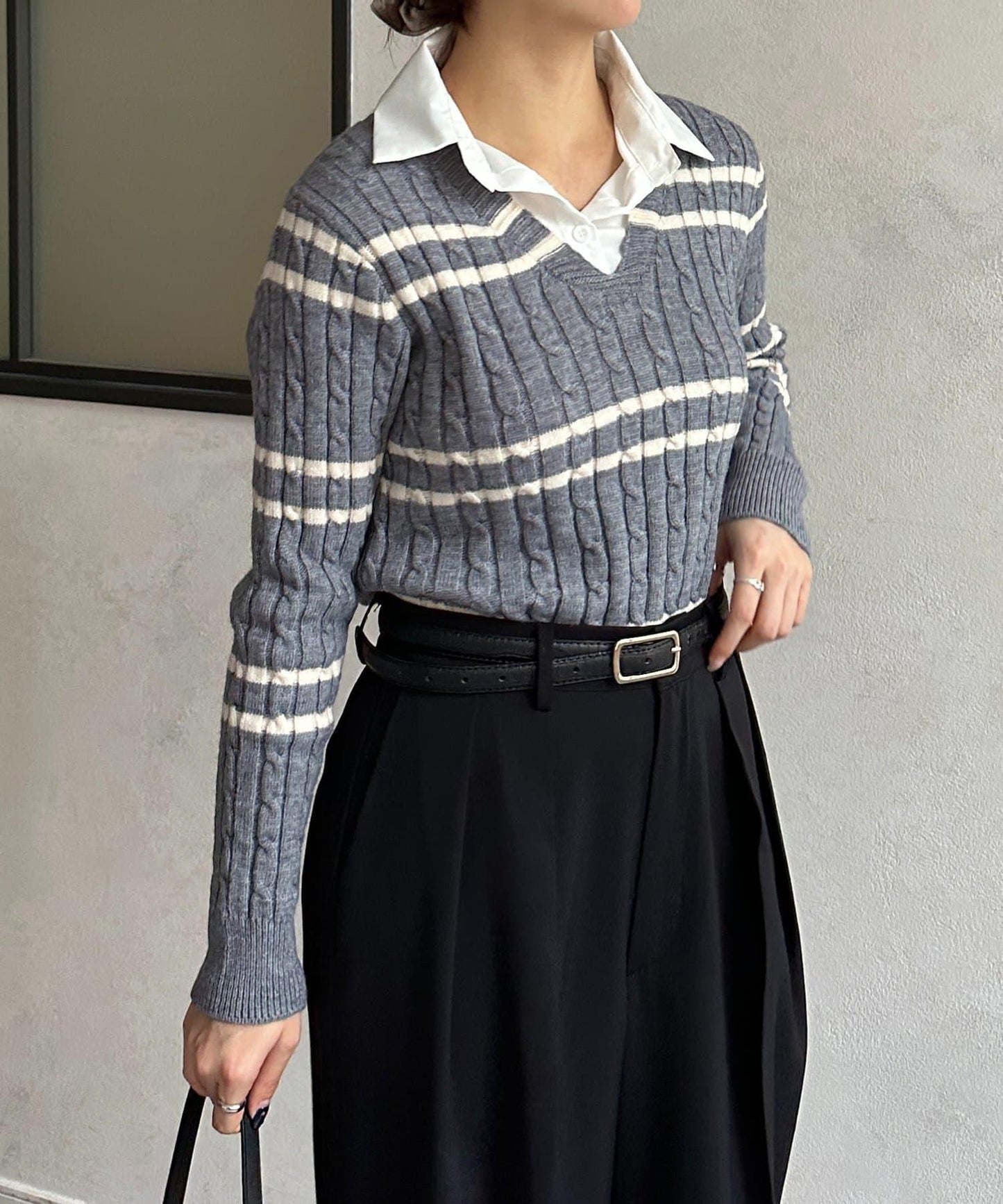 襯衫拼接麻花條紋針織上衣