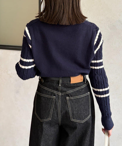 襯衫拼接麻花條紋針織上衣