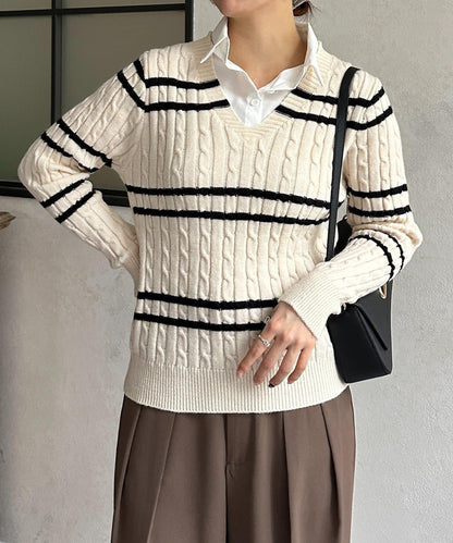 襯衫拼接麻花條紋針織上衣