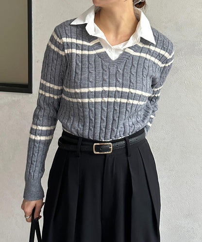 襯衫拼接麻花條紋針織上衣