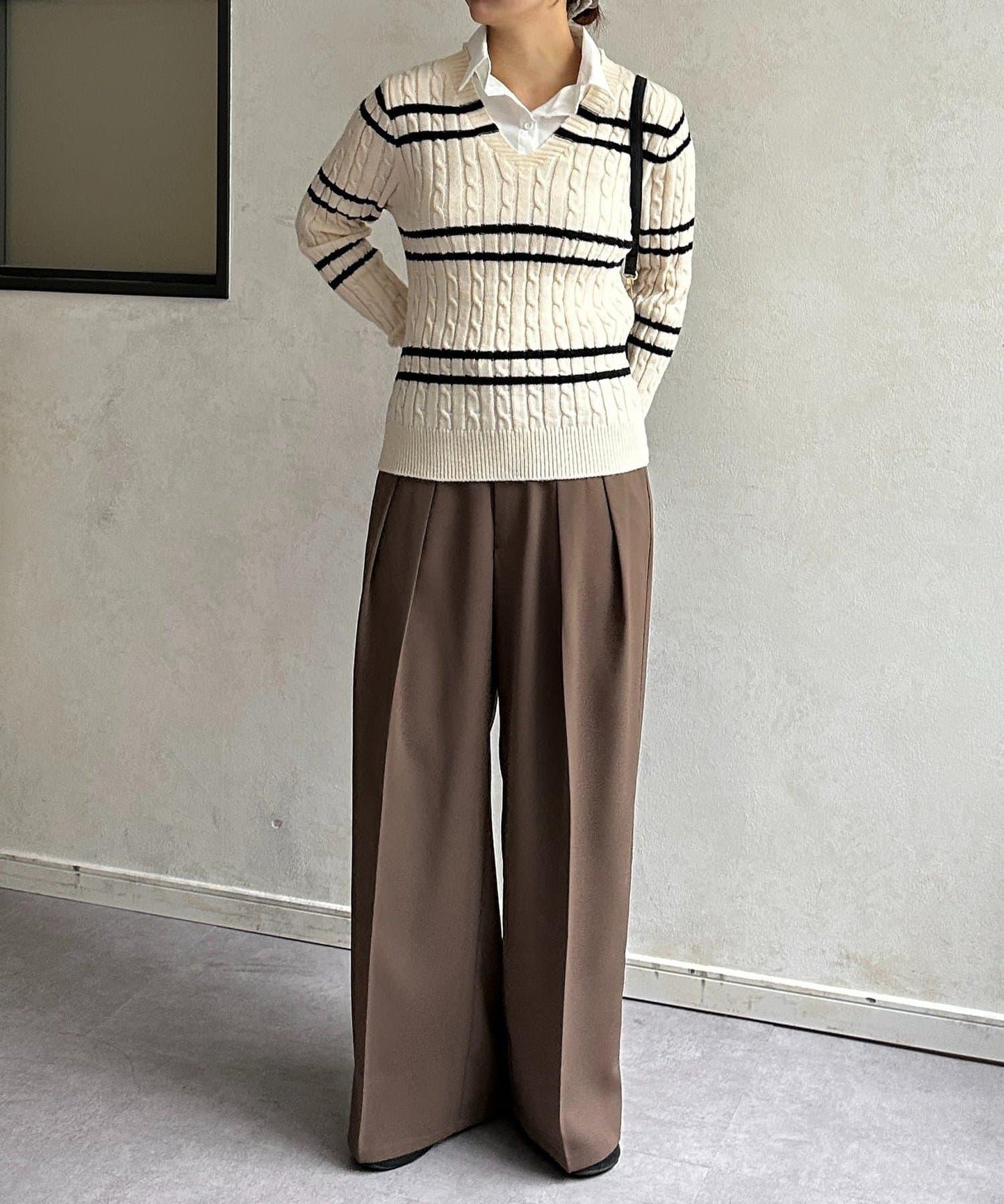 襯衫拼接麻花條紋針織上衣