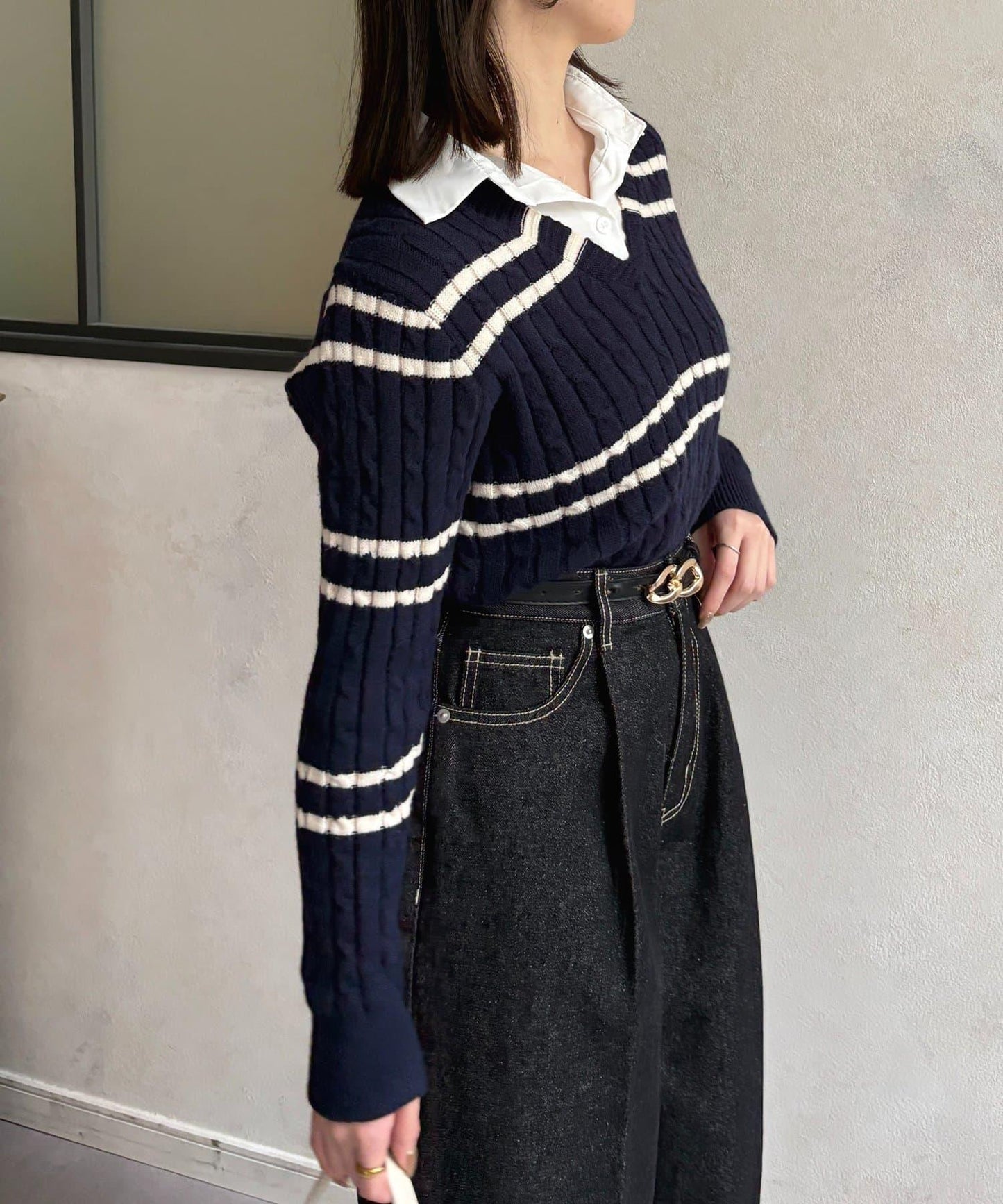 襯衫拼接麻花條紋針織上衣