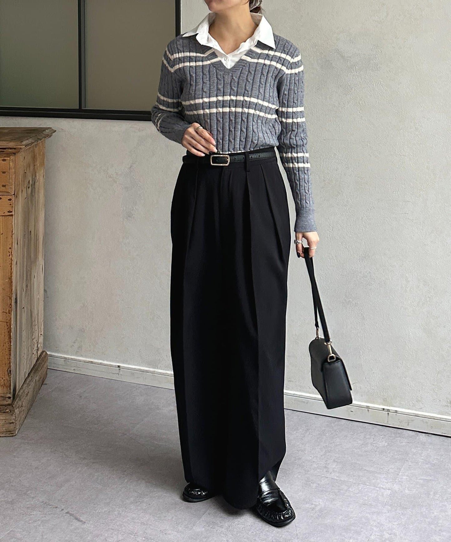 襯衫拼接麻花條紋針織上衣