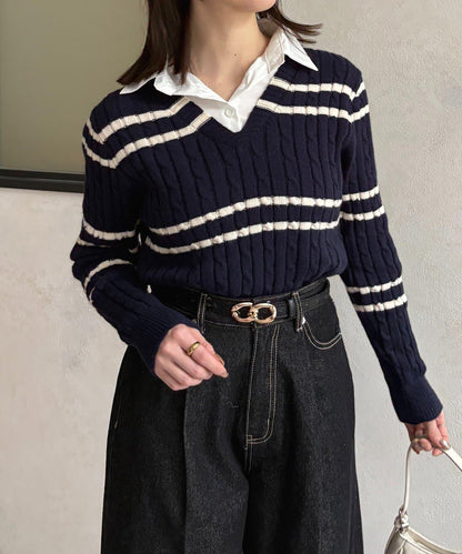 襯衫拼接麻花條紋針織上衣