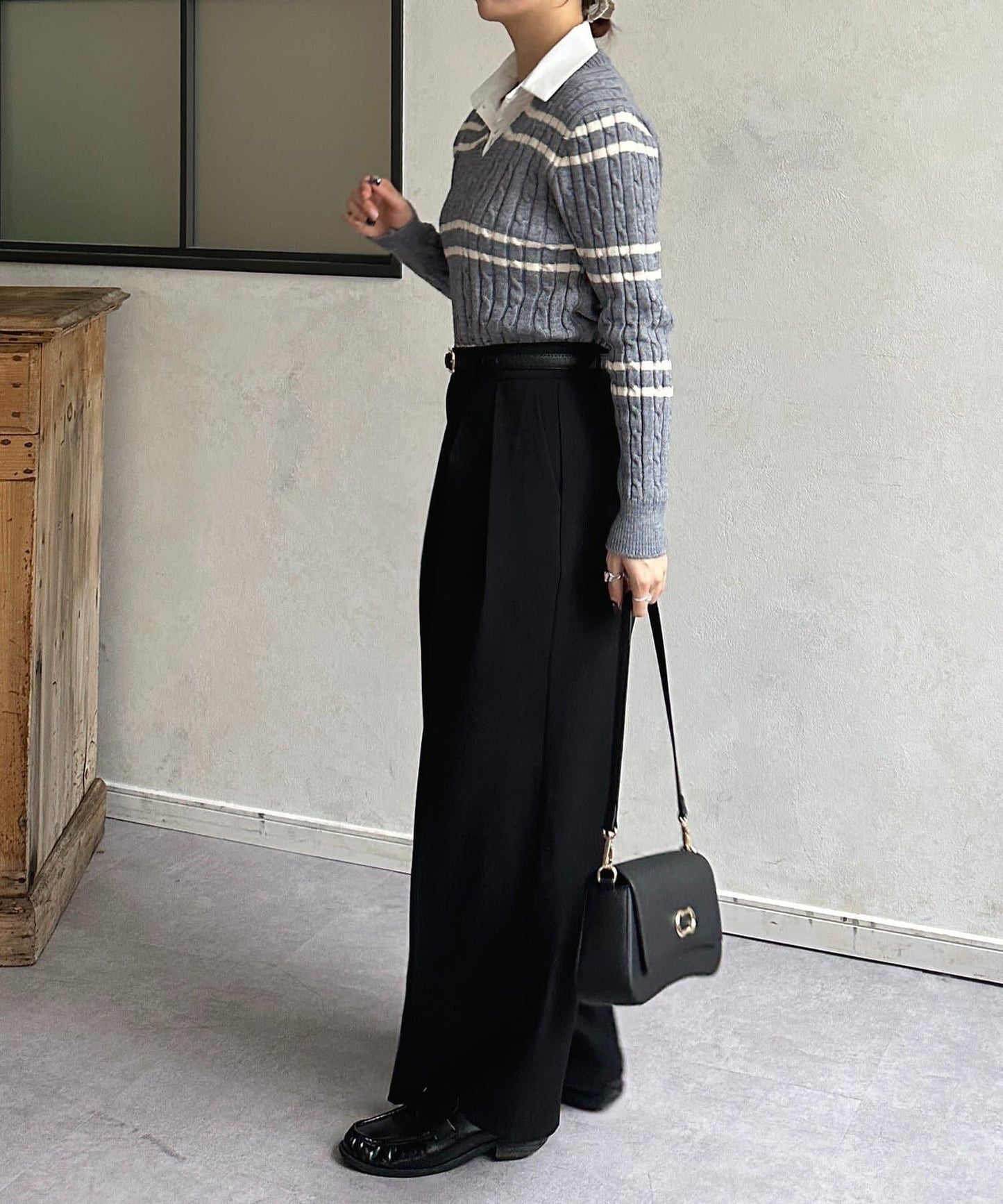 襯衫拼接麻花條紋針織上衣