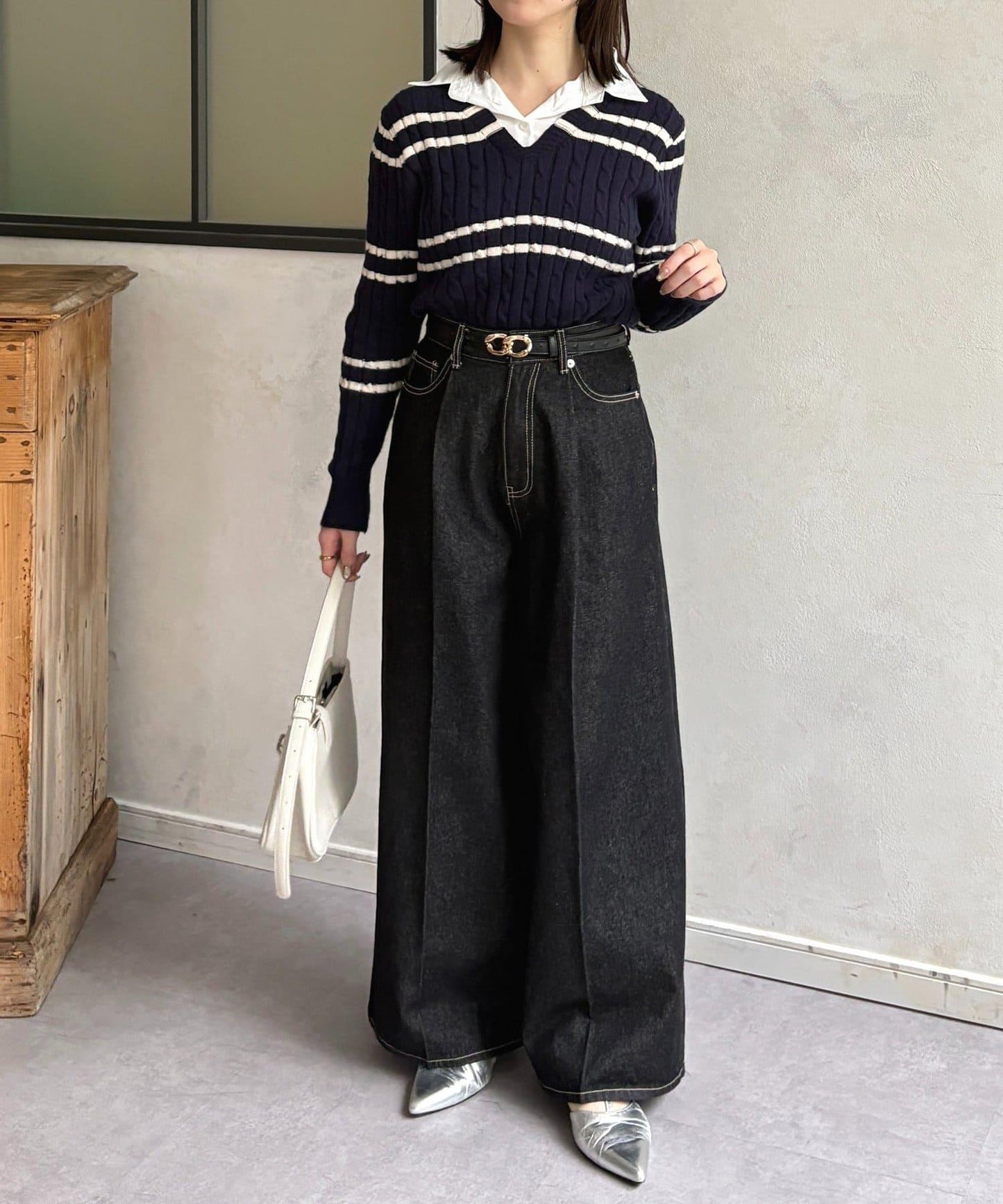 襯衫拼接麻花條紋針織上衣